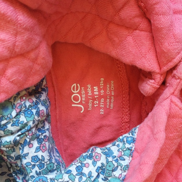 joe fresh coral pink quilted jacket with floral lined hood 12-18 month baby girl - Picture 3 of 10